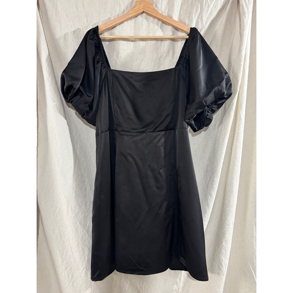 Arula Black Satin Puff Sleeve Mini Dress Square Neck Tie Back Size A Pockets